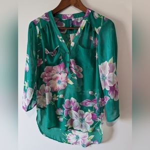 Colori Green & Purple V-Neck Button Down 3/4 Sleeve Sheer Blouse
